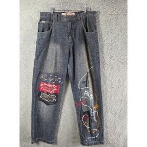 Vtg Y2k Paco Jeans Mens 38x33 Blue Graphic Art Denim Baggy‎ 90's Hip Hop Grunge